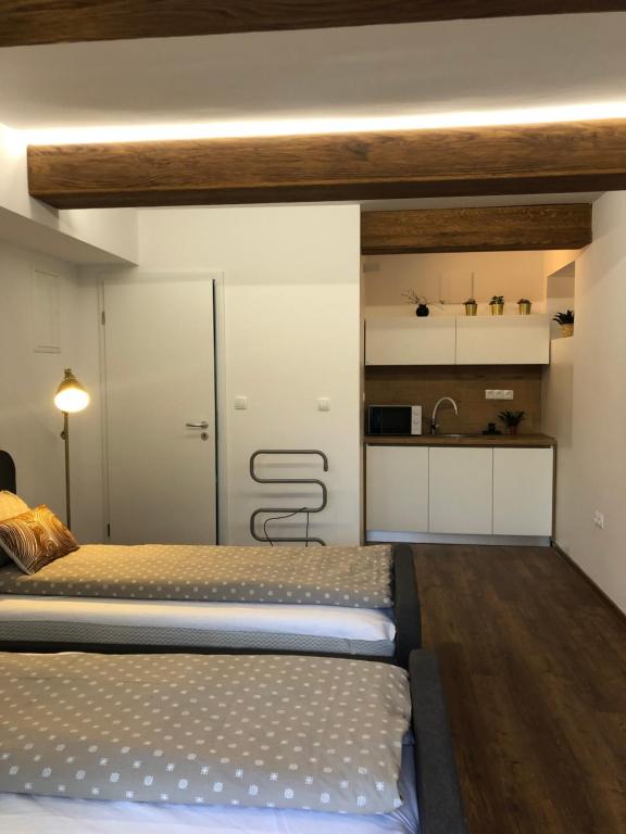 马里博尔Maximo Apartments - free parking的一间带两张床的卧室和一间位于后面的厨房