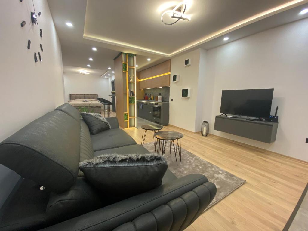 索非亚DV13 Luxury Suite Sofia Center的客厅配有黑色沙发和平面电视。