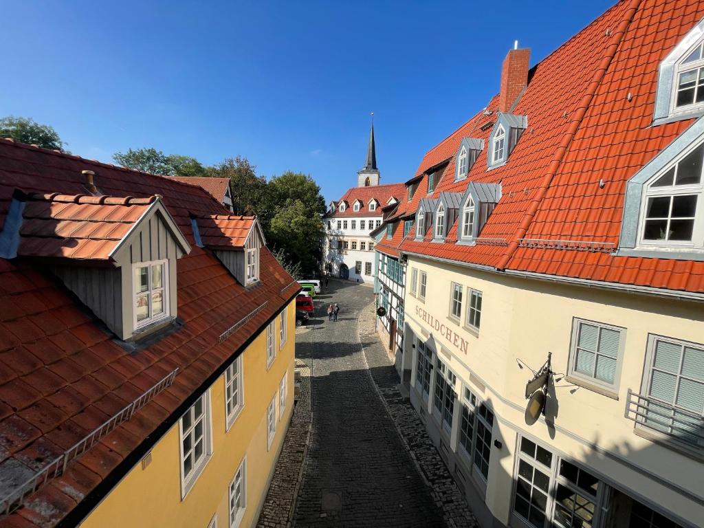 爱尔福特Ferienwohnung Augenblick - Stylisches Apartment in der besten Altstadtlage von Erfurt的一群有红色屋顶和街道的建筑