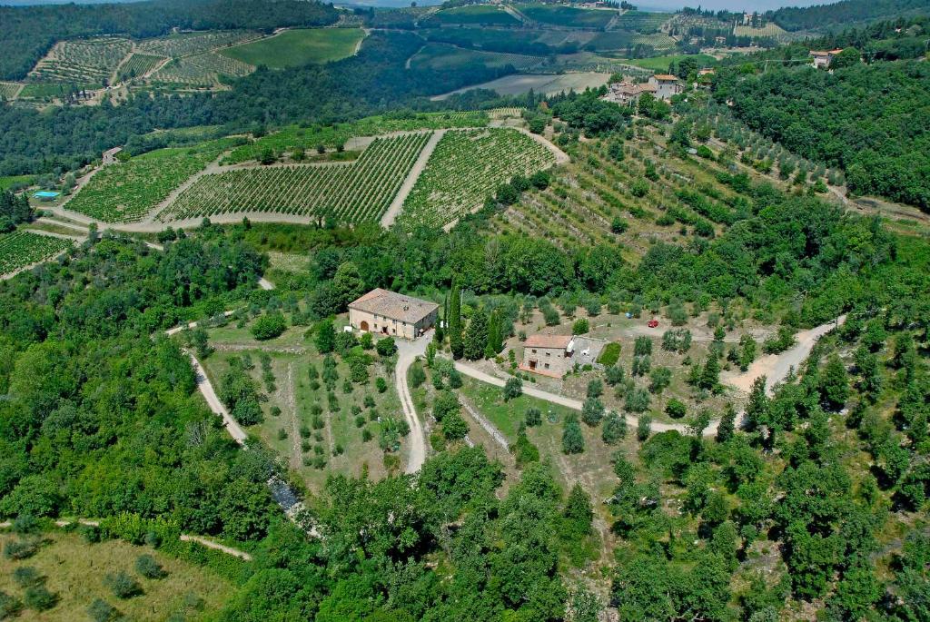 卡斯特利纳-因基安蒂Agriturismo capanna delle Cozzole的享有农场的空中景色,拥有房子和树木