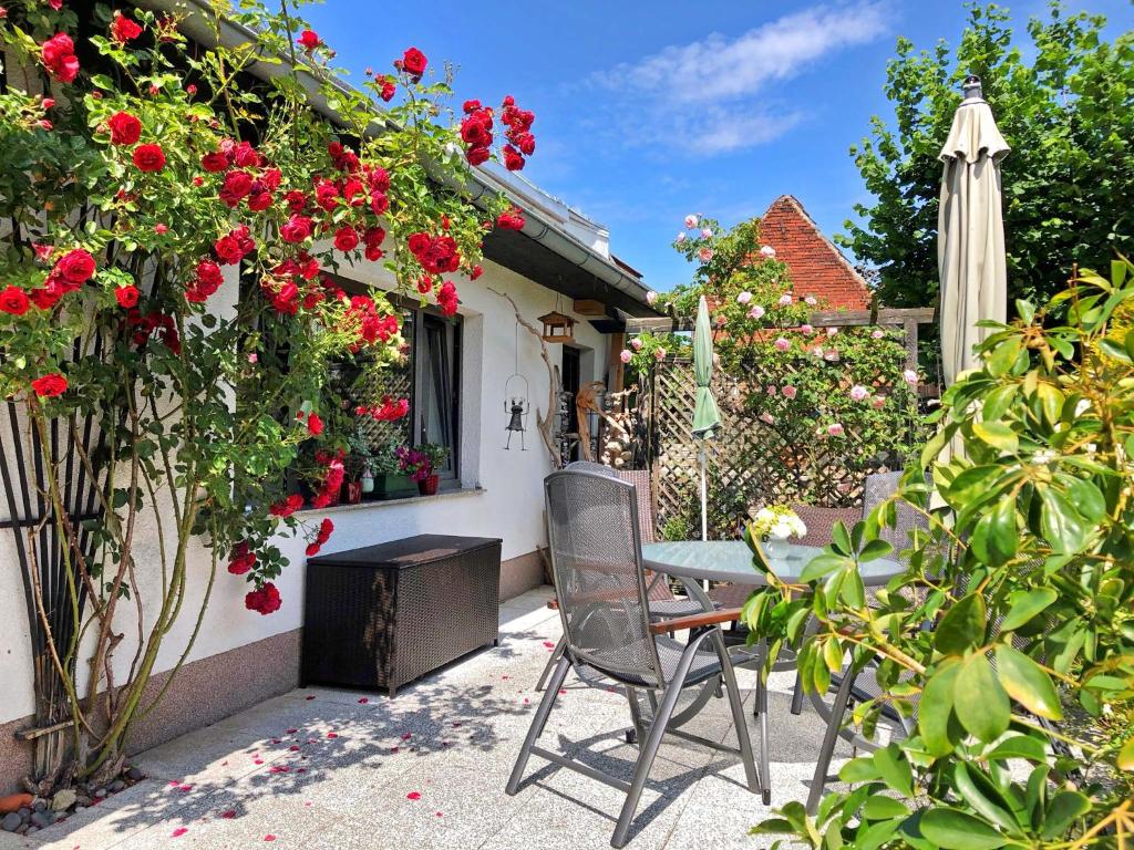 马尔肖Ferienhaus Malchow SEE 7751的庭院配有桌椅和鲜花