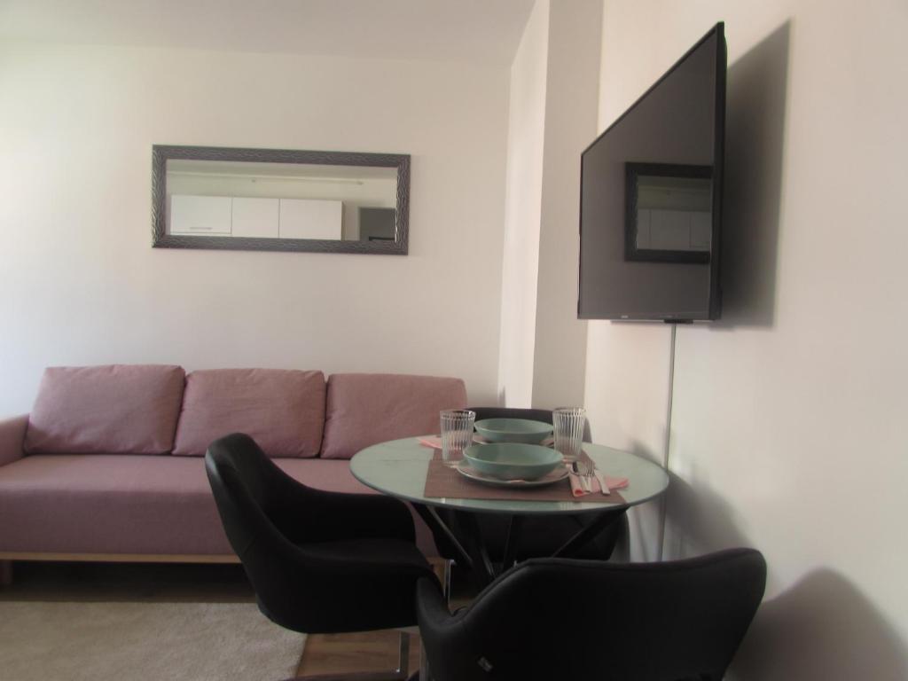 萨格勒布Studio apartman Jordanovac Rebro的客厅配有沙发和桌椅
