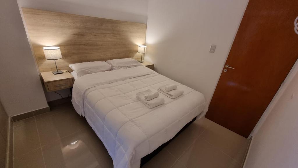 萨尔塔Hermoso departamento, excelente ubicación.的一间卧室配有一张床,上面有两条毛巾