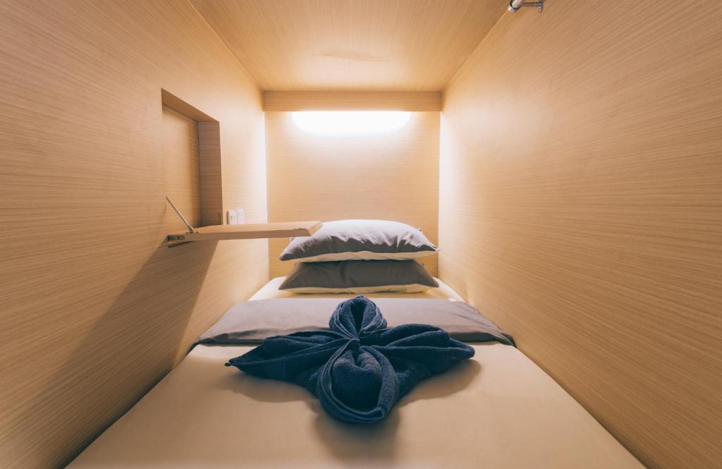 新加坡Wanderloft Capsule Hostel的一间设有两张床铺的房间,上面有蓝色的弓