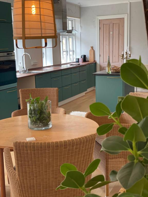 StenstrupFeriehus i skøn natur的一个带桌椅的厨房和一个带绿色橱柜的厨房