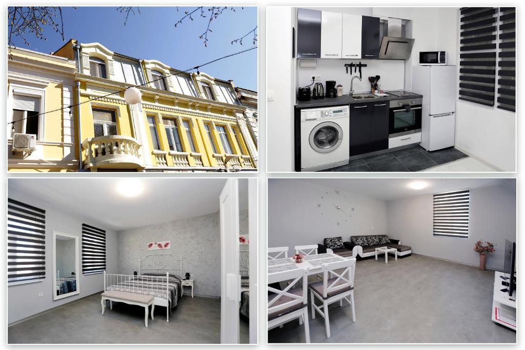 布尔加斯Lux Apartment " Central street "的三个不同的景色,一个厨房和一个客厅