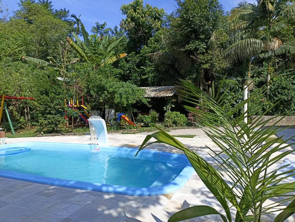 乌巴图巴Suites Brejauva的棕榈树庭院中的游泳池