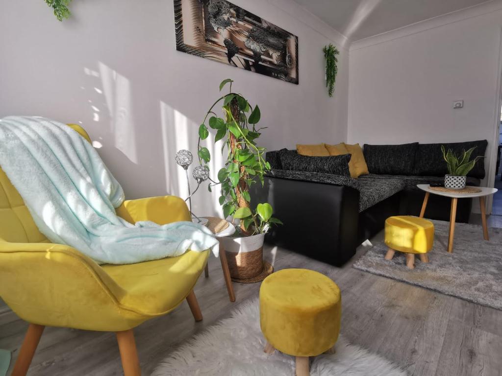 大德里菲尔德Benjamin Gardens Holiday Home的客厅配有黄色椅子和沙发