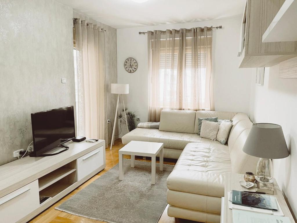 波德戈里察Aurora Apartment的带沙发和电视的白色客厅