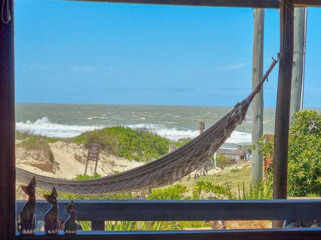 德尔迪阿布罗角Cabañas Kundalini Punta del Diablo的吊床,从窗户可欣赏到海景