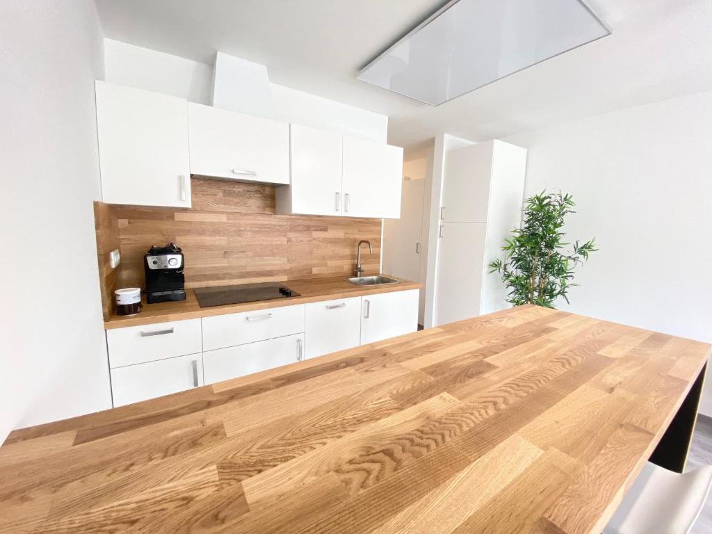 博维茨Apartment 3 Sovice的厨房配有白色橱柜和木桌