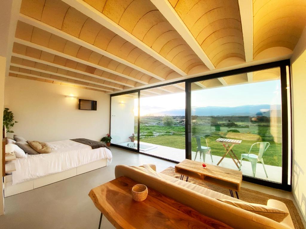 阿雷纳斯德圣佩德罗Estrellas de Gredos的客厅设有床和大窗户