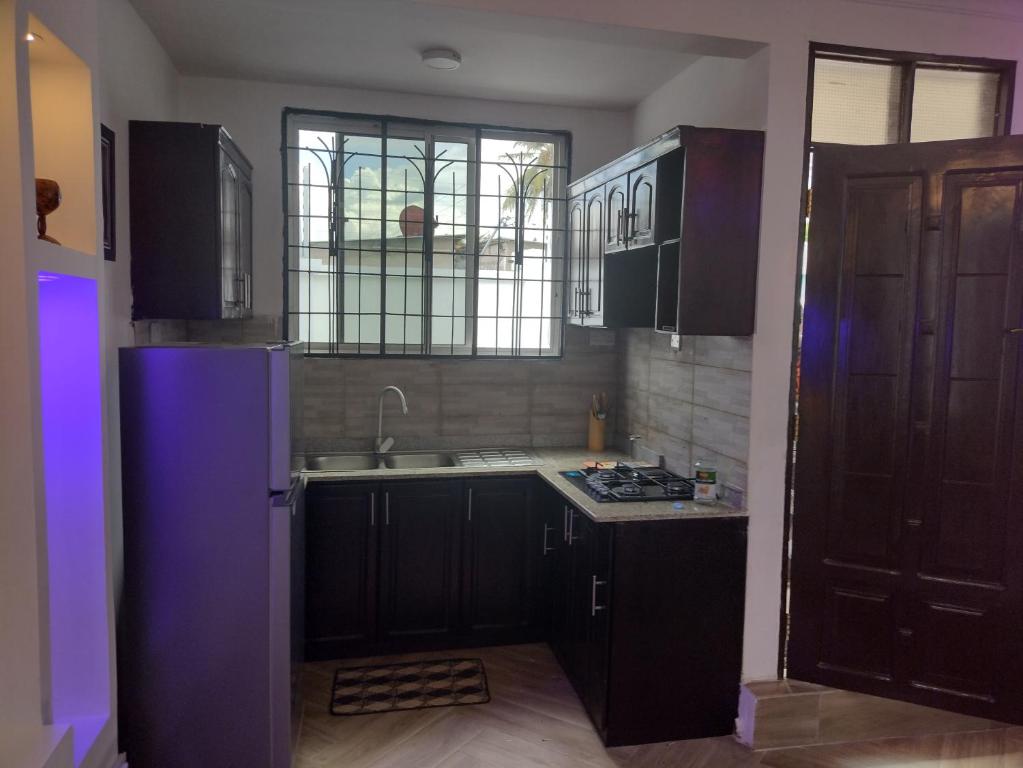 达累斯萨拉姆Mkamiti Villa - Airport Hotel的厨房配有黑色橱柜、水槽和窗户。
