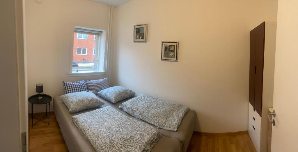 埃斯比约Grønnegade - tæt på centrum的客厅配有带枕头的沙发