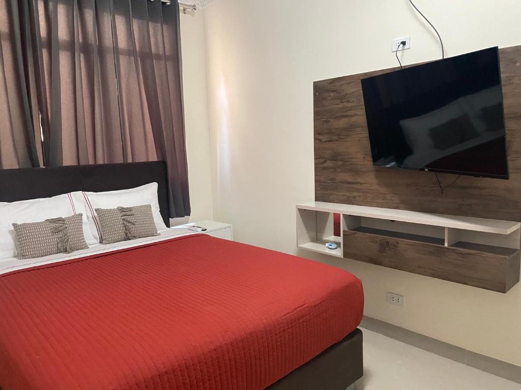 皮乌拉Hotel Calmelia的一间卧室配有一张床和一台平面电视