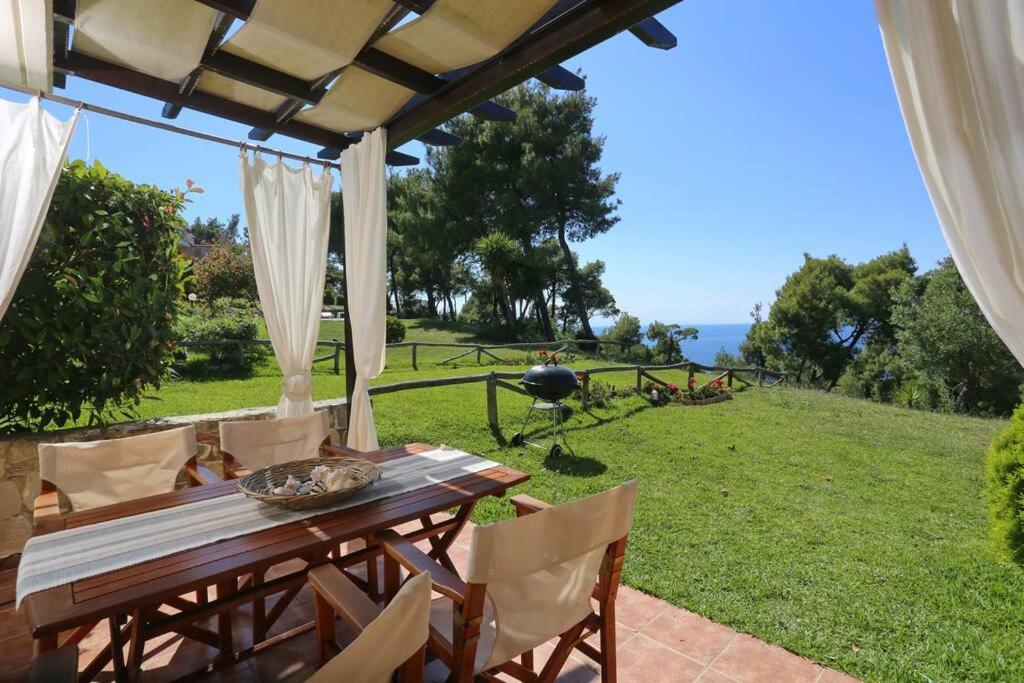 卡兰兹拉Beautiful view villa in Possidi, Halkidiki的野餐桌,椅子和无人机在草地上