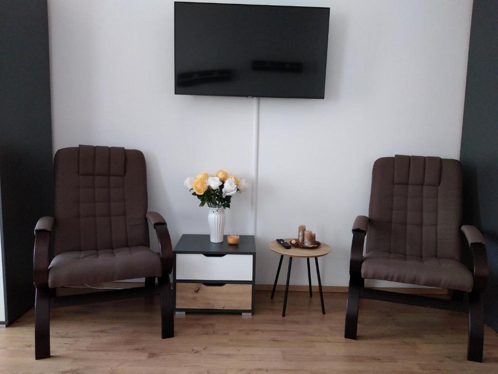 VejprtyApartmán Nad řekou的两把椅子和一张桌子,墙上配有电视