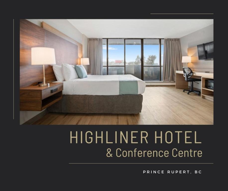 鲁珀特王子港Highliner Hotel的配有一张床和一张书桌的酒店客房