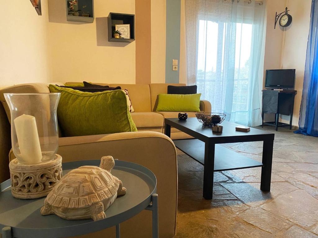 尼坡帝Seaside Villa的客厅,沙发上摆放着海龟