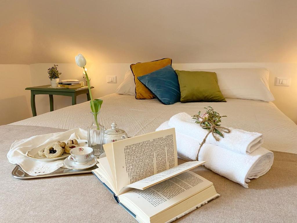 都灵Casa Ginepro via Mazzini的一张带书盘和一盘食物的床