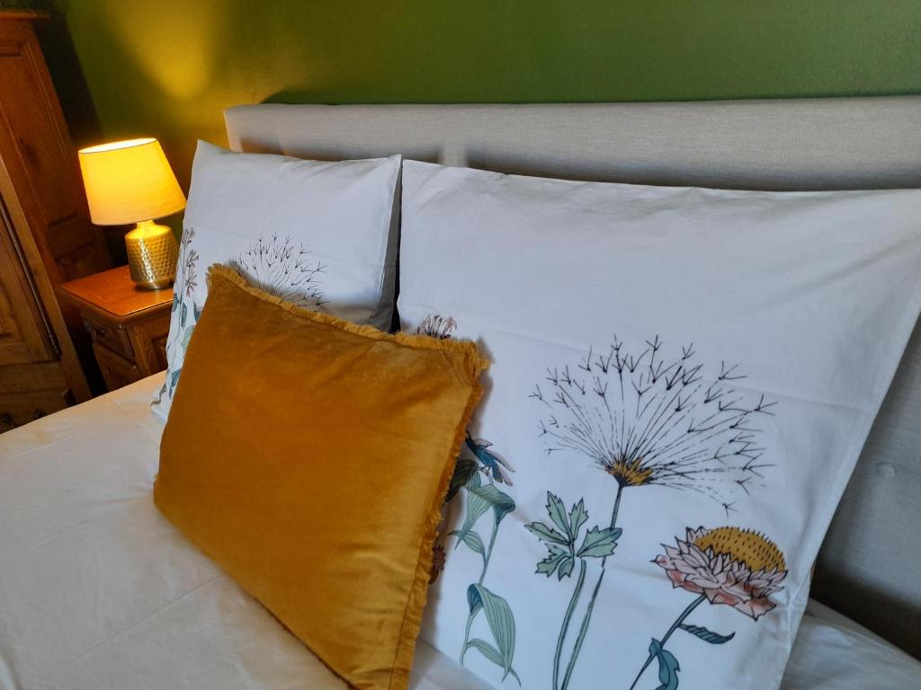 BadensVilla Saint Léon的一张带两个枕头的床,上面有花纹
