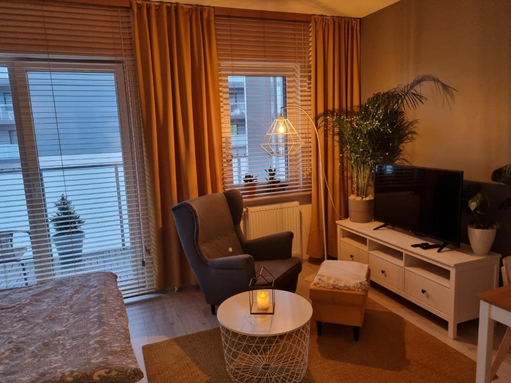 罗兹Apple Apartments - Mickiewicza PRYWATNE MIEJSCE PARKINGOWE的客厅配有电视、沙发和桌子
