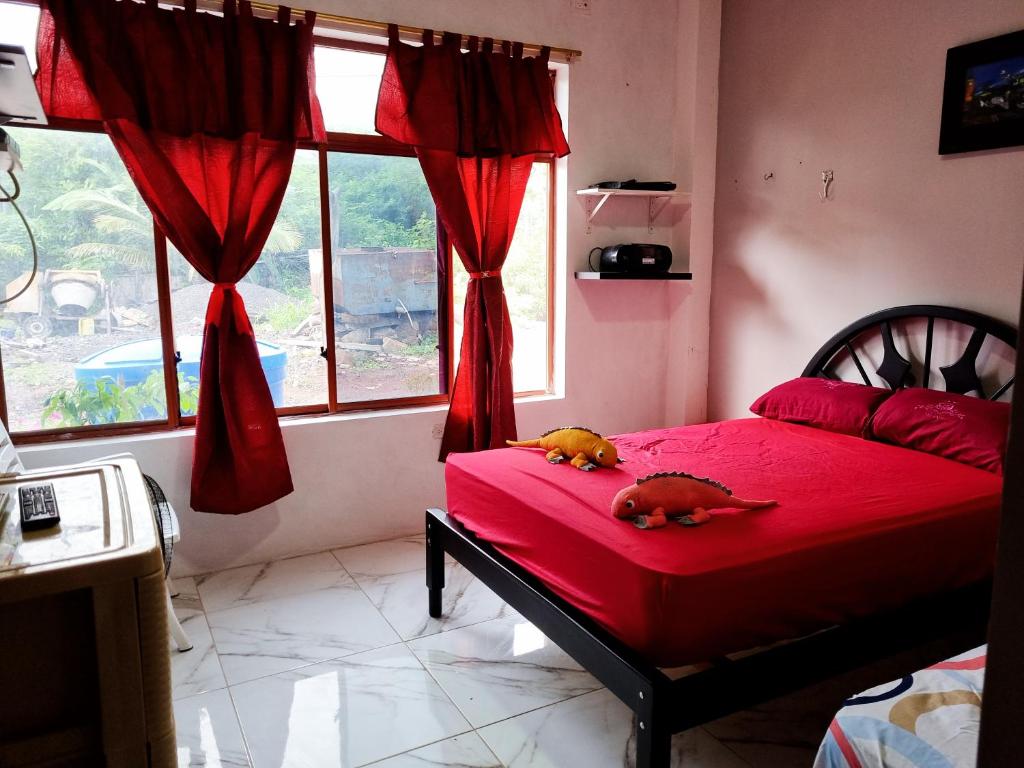 巴克里索莫雷诺港La Casa de Amelia的卧室里两只狗躺在红色的床上