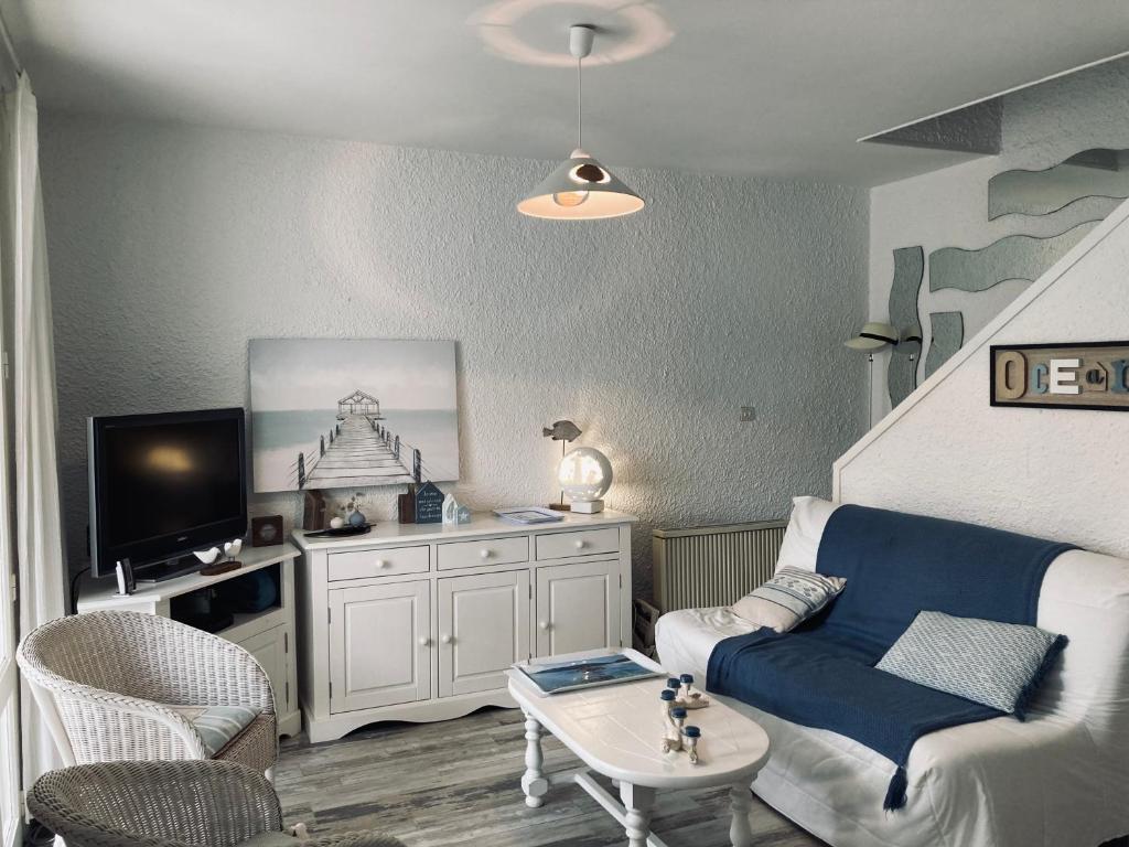 圣让-德蒙Maison des loriots, charme marin, plage à 100m的带沙发和电视的客厅