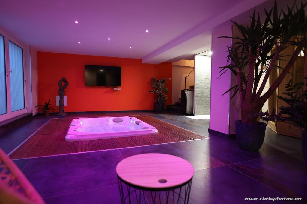 南希Ds Plaisir Love Room avec sauna, jacuzzi à Nancy的客房设有带桌椅的热水浴池。