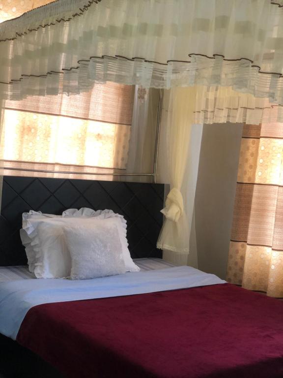 坎帕拉Brooks apartments的卧室配有带白色枕头的床和窗户。