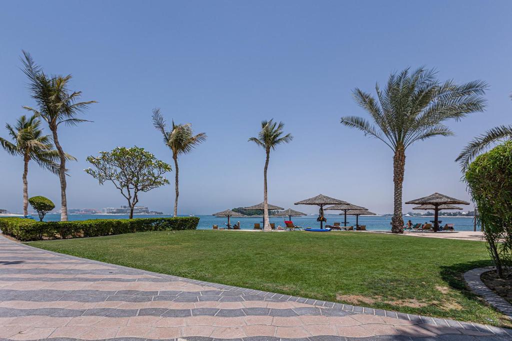 迪拜Shoreline The Palm, Free beach & pool access的棕榈树公园和海滩