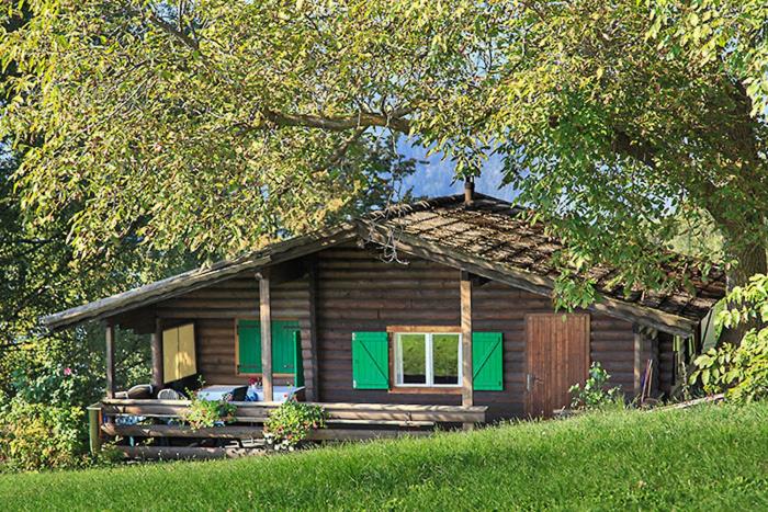 思科纳Aussersalfner Hütte的小屋上设有绿色百叶窗的小小木屋