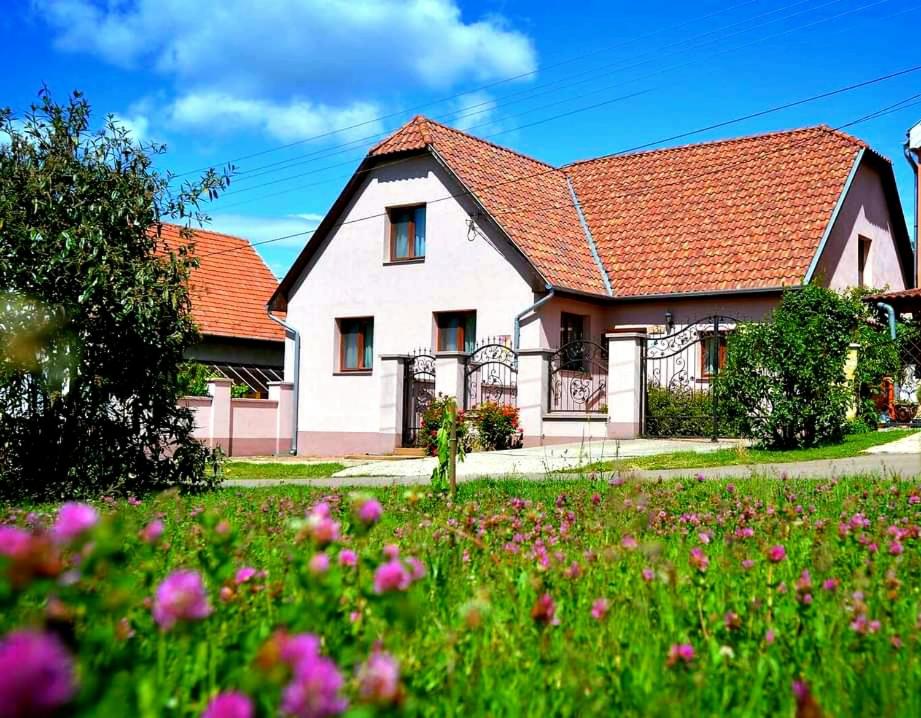 锡尔沃斯瓦里德Rózsalugas Vendégház的白色的房子,有红色的屋顶和花田