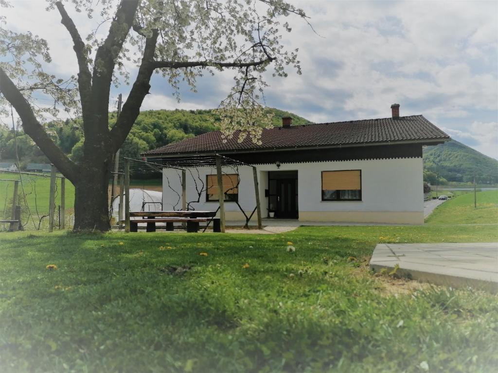 Loče pri PoljčanahHiša Žičanka的白色的房子,有野餐桌和一棵树