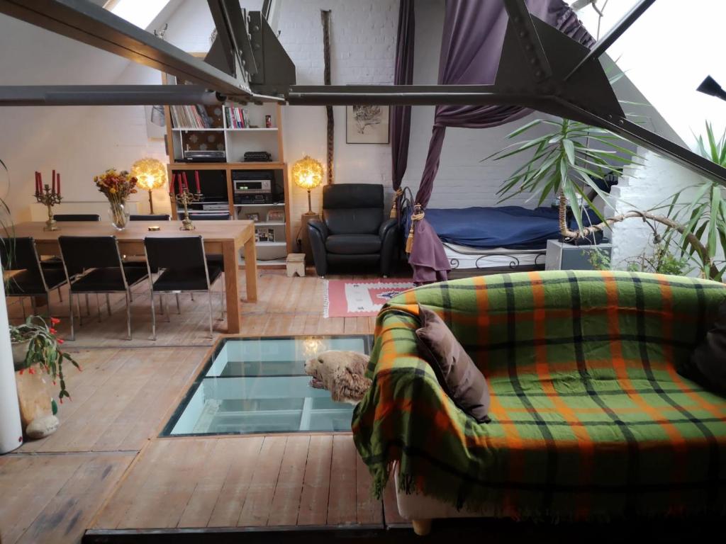 根特Artistic loft apartment with big sun terrace的带沙发和玻璃地板的客厅