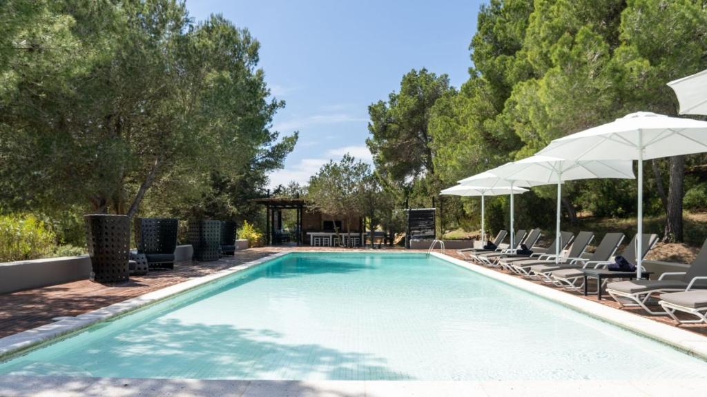 圣乔治Magnificent Villa Marama In The Midst Of Ibiza’s Countryside的一个带椅子和遮阳伞的游泳池
