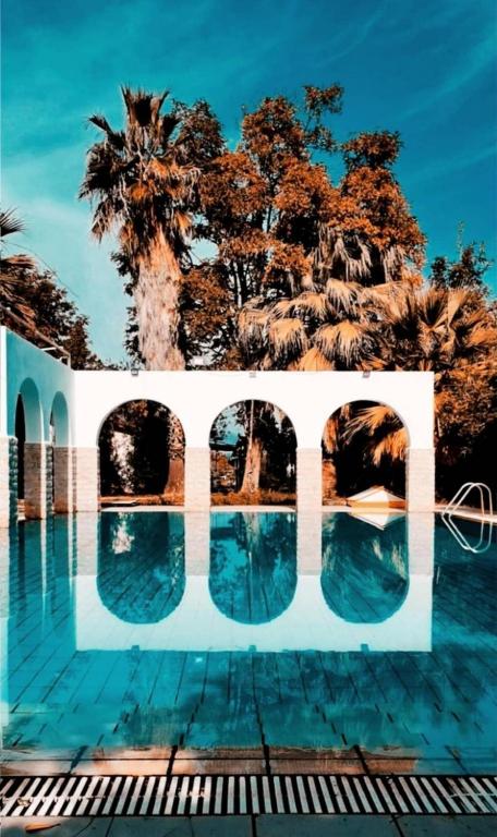 哈尔基斯Ευχάριστη βίλα στη Χαλκίδα στην περιοχή ''Αλυκές''的享有棕榈树游泳池的景色
