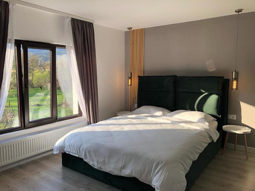 莫伊西德约斯RDT Guest House-Rai din Transilvania的一间卧室设有一张大床和一个大窗户
