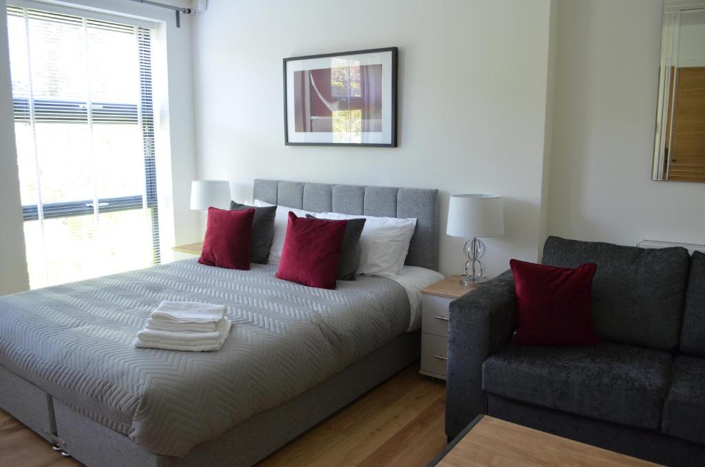 伦敦Executive Bright and Airy Studio Apartment in Sydenham的一间卧室配有一张床和一张沙发