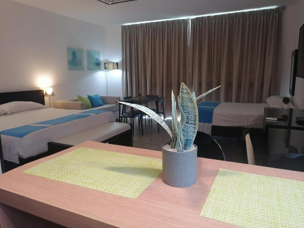 普拉亚布兰卡Playa Blanca Town Center B的一间酒店客房,配有两张床和一张桌子上的植物