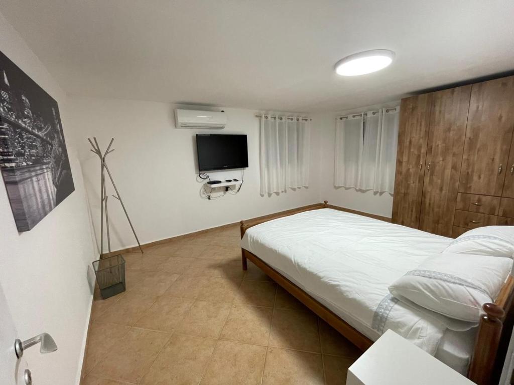 舍亚尔雅舒弗אל מול חרמון- דירה באווירה כפרית עם נוף לחרמון的一间卧室配有一张床和一台平面电视