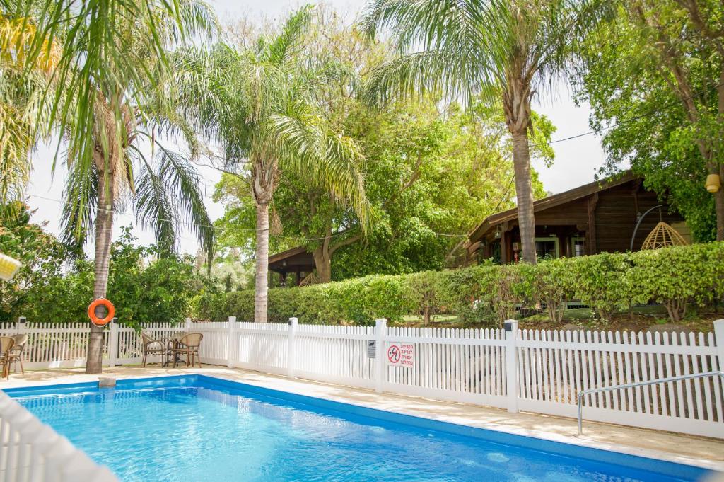 莫沙夫拉莫特Eden Ramot Chalets的一个带白色围栏和棕榈树的游泳池