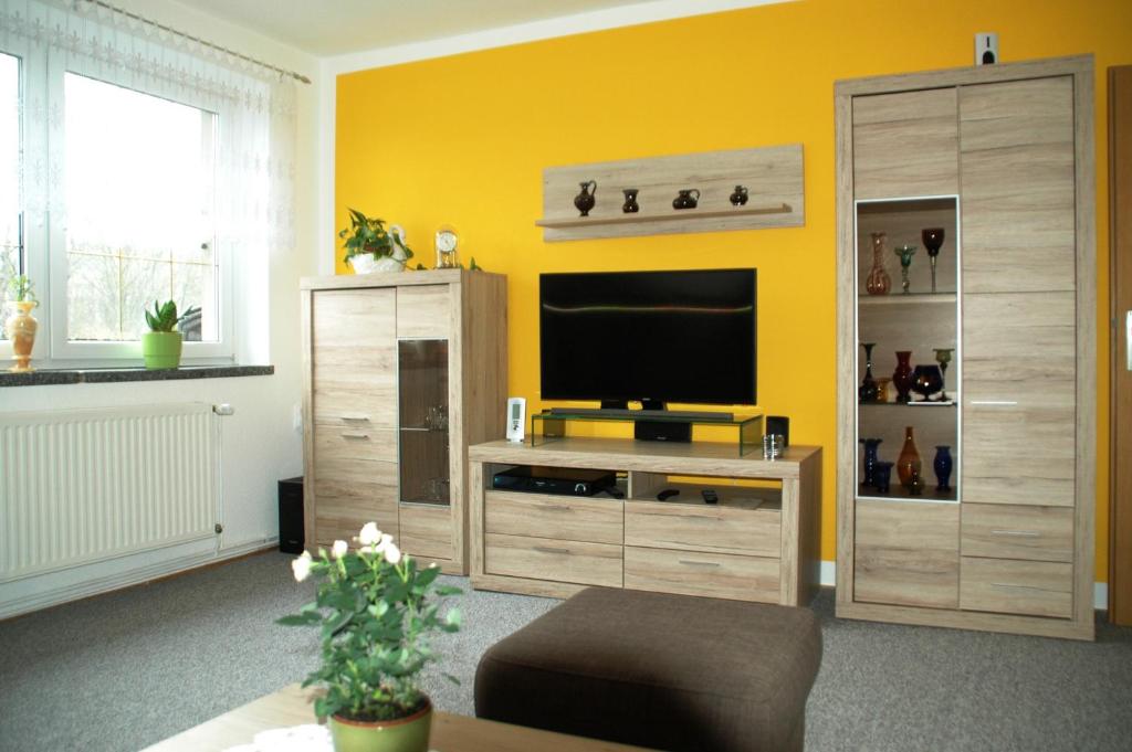 吕本瑙Ferienwohnung Sonnendeck Spreewald的一间带电视和黄色墙壁的客厅