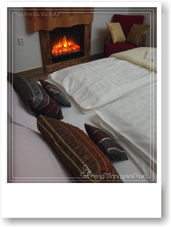 维尼Wellnesska Vyhne的一间卧室配有两张带枕头的床和壁炉