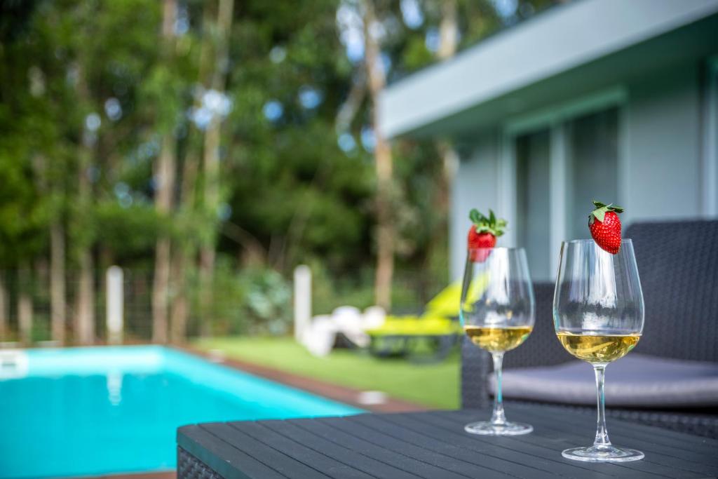 卡米尼亚Villa Rencanto – um espaço com a sua assinatura的桌子上放两杯白葡萄酒和草莓