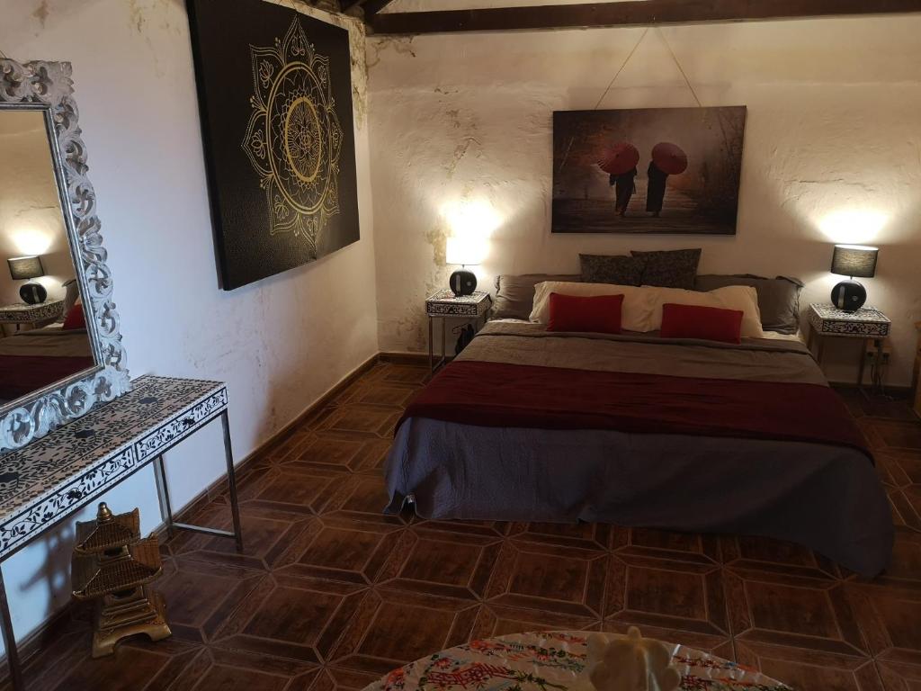 TenteniguadaSuite Zen y Cueva Refugio的卧室配有一张床,墙上设有镜子