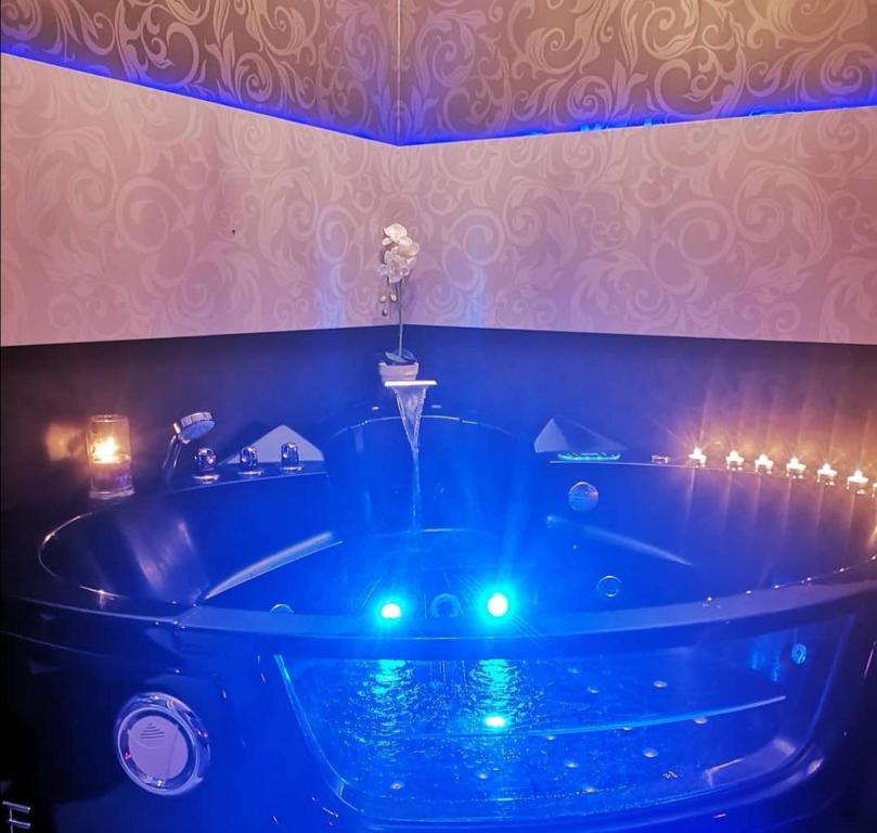 佩兹纳斯Le Loveappart的浴室设有蓝色灯光和浴缸。