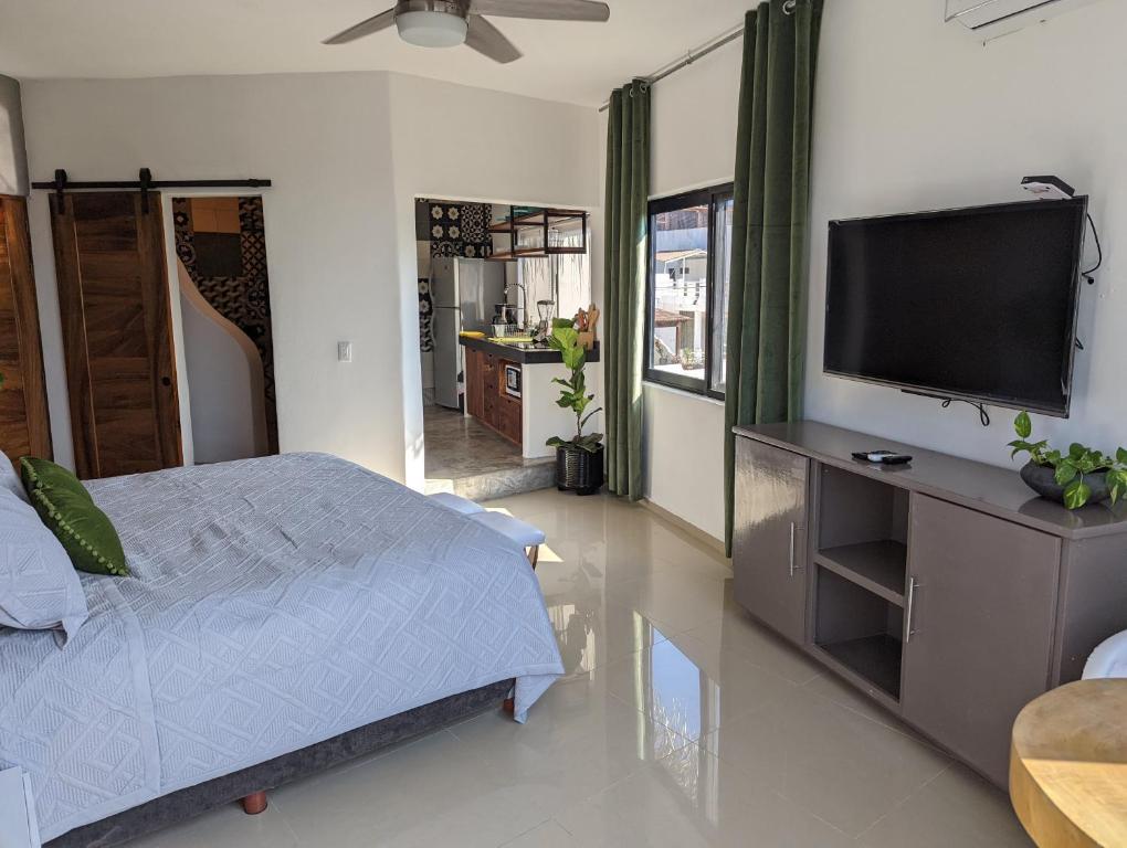 恰卡拉Hotel Pura Chacala的一间卧室配有一张床和一台平面电视