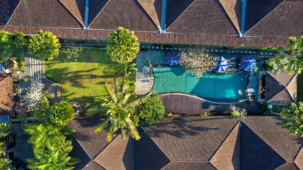 乌布Ubud Raya Shala的享有棕榈树游泳池的顶部景致