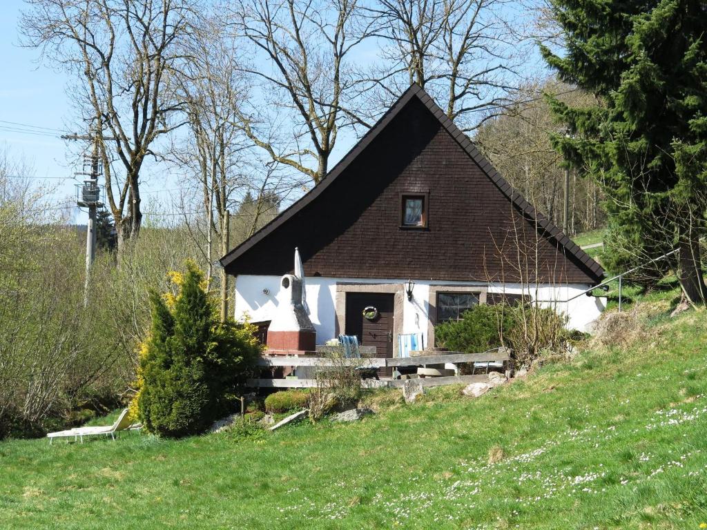 BrigachDetached and cozy holiday home with terrace in the Black Forest的山丘上一座带黑色屋顶的小房子